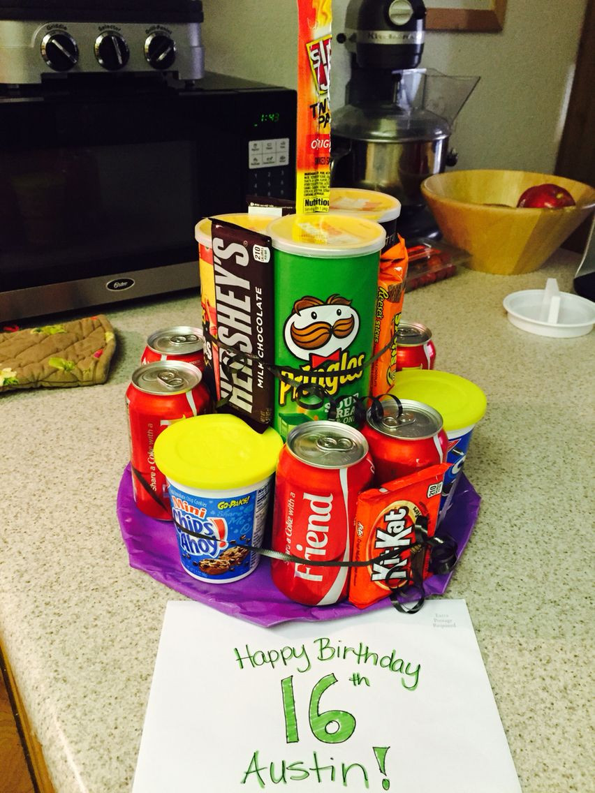 16 Year Old Birthday Gift Ideas
 Pringles soda candy junk "cake" 16 year old boy birthday
