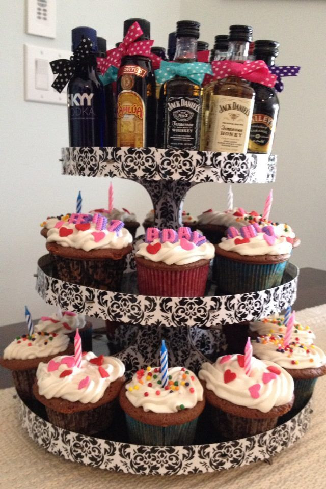 21St Birthday Cupcake Ideas
 21st birthday cupcake tower small bottles of liquor tied