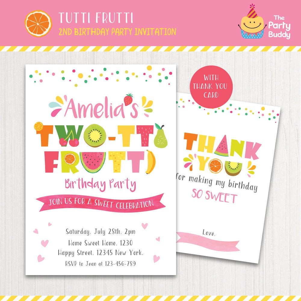 2Nd Birthday Card
 TWO tti Frutti Party Invitation Printable Girls 2nd Birthday