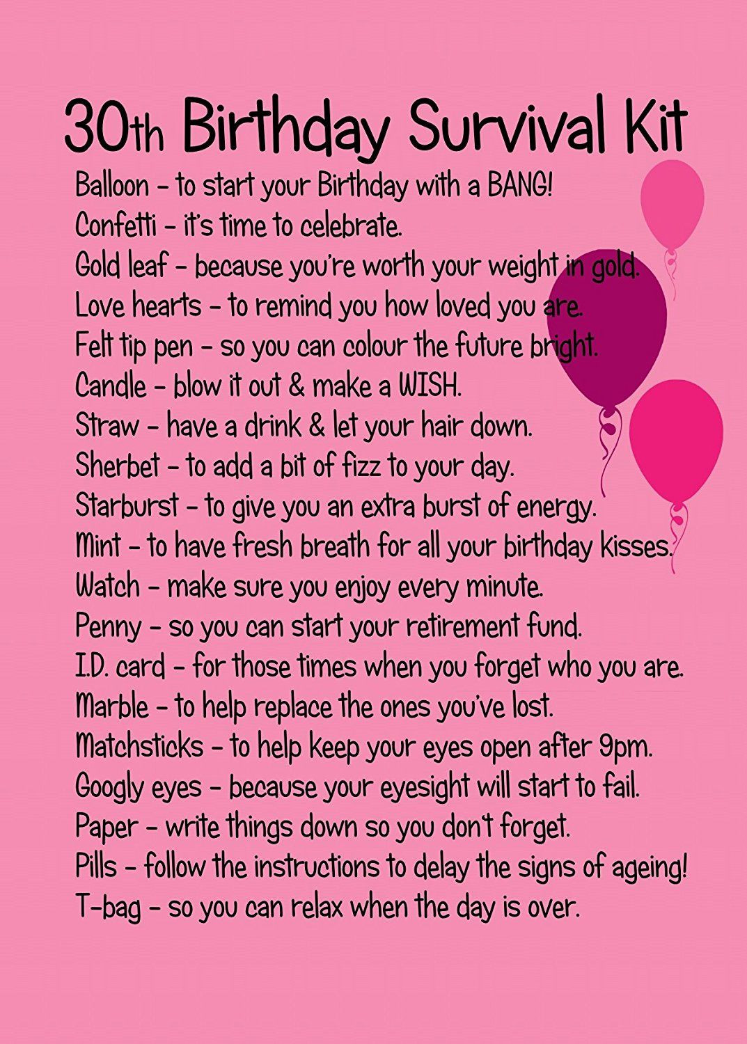 30Th Birthday Gift Ideas For Girlfriend
 30TH BIRTHDAY SURVIVAL KIT PINK Birthday
