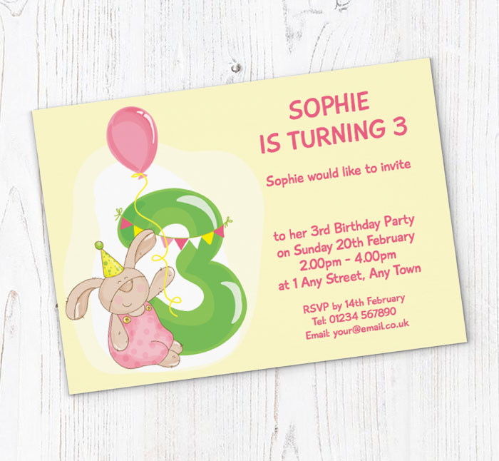 3Rd Birthday Party Invitations
 Bunny Rabbit 3rd Birthday Party Invitations