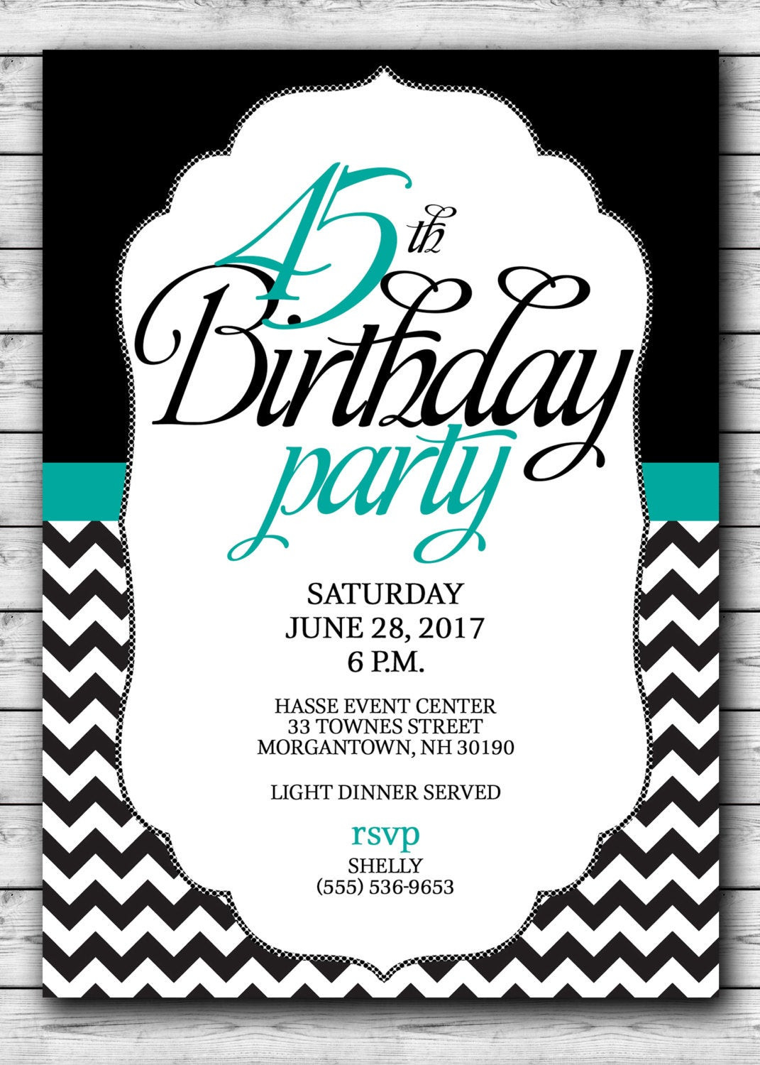 45Th Birthday Party Decorations
 45th Birthday PARTY Invitation Black with a touch of teal or