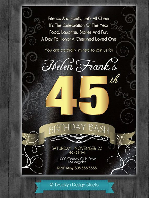45Th Birthday Party Decorations
 45th Birthday Bash Custom Designed Invitation Black