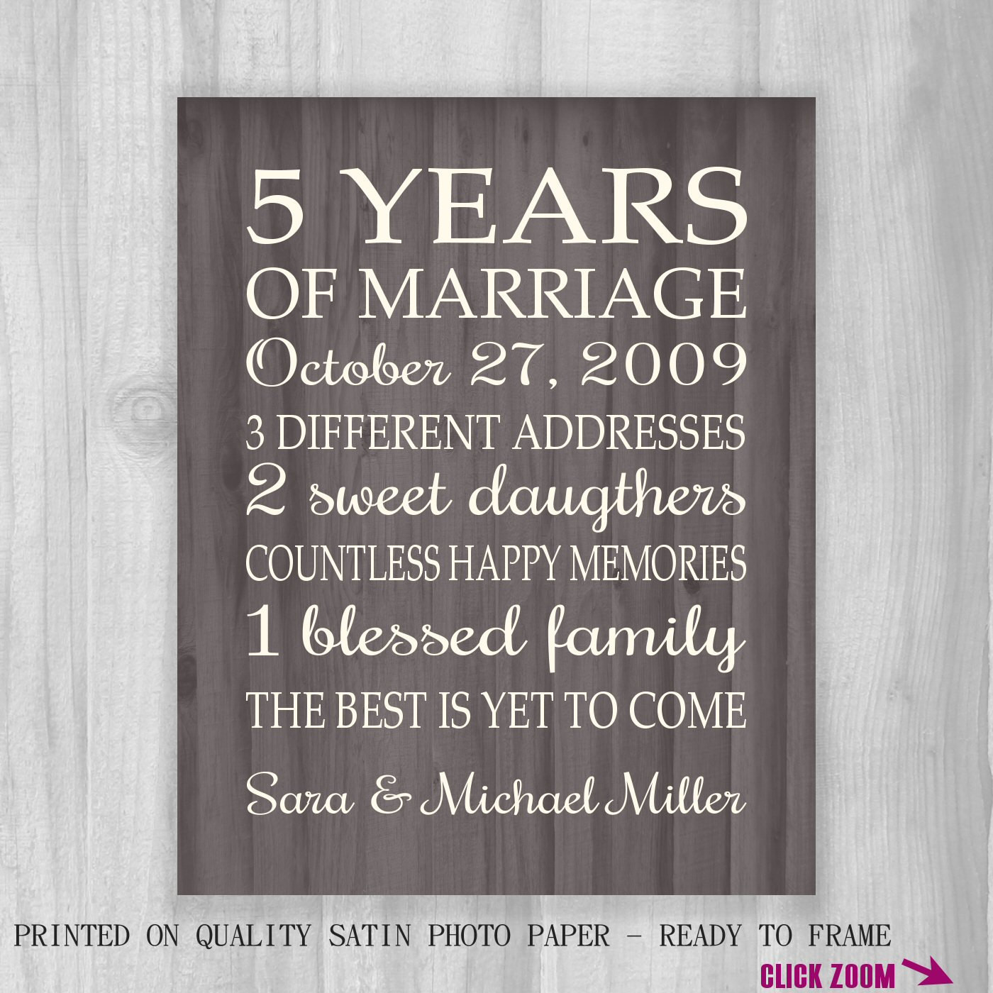 5 Year Anniversary Gift Ideas
 5th Anniversary Gift Print FAUX Wood 5 Years 10 15 20 25