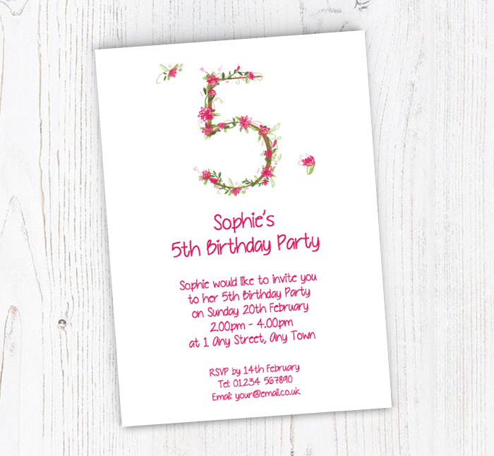 5Th Birthday Party Invitations
 Floral 5th Birthday Party Invitations