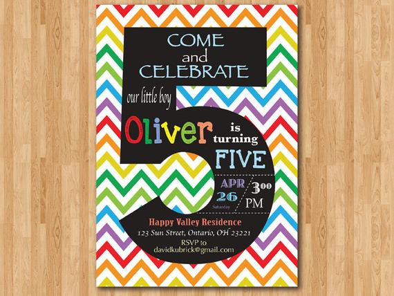 5Th Birthday Party Invitations
 Rainbow 5th Birthday Invitation Colorful Chevron Birthday