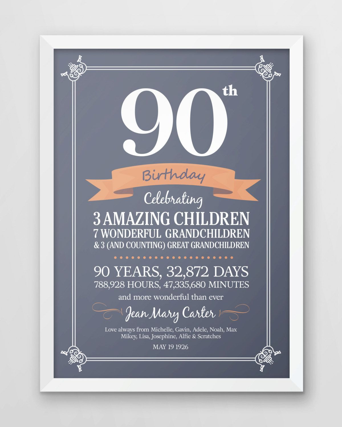 90 Year Old Birthday Quotes
 Personalized 90th birthday print seventy years old t
