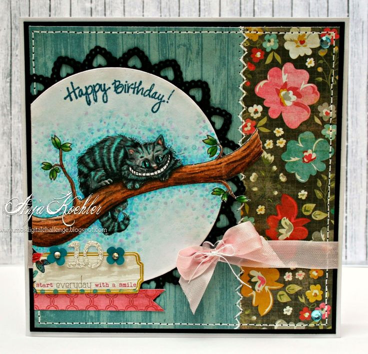 Alice In Wonderland Birthday Card
 Geburtstagskarte birthday card Mo Manning "Cheshire cat
