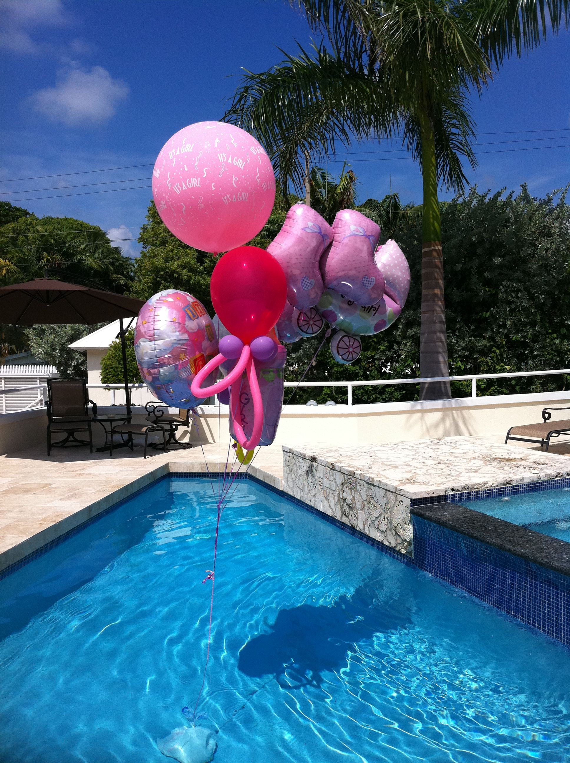 Baby Pool Party Ideas
 Baby shower balloon bouquet over a pool