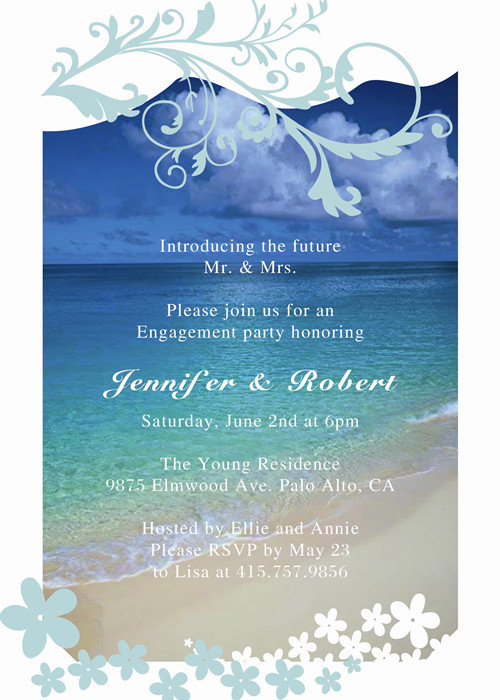 Beach Engagement Party Ideas
 seaside blue beach theme engagement party invitation cards