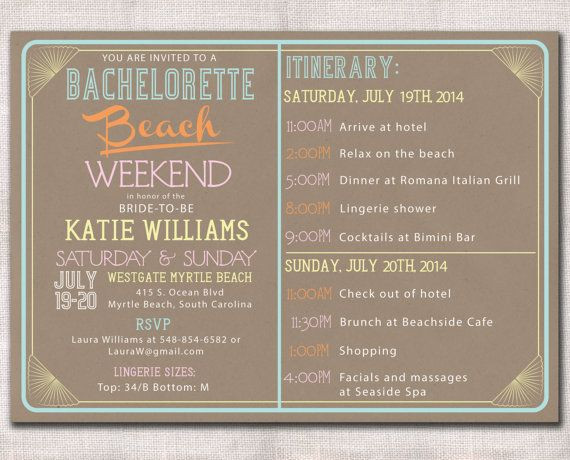 Beach Weekend Bachelorette Party Ideas
 Bachelorette Party Weekend invitation and itinerary custom