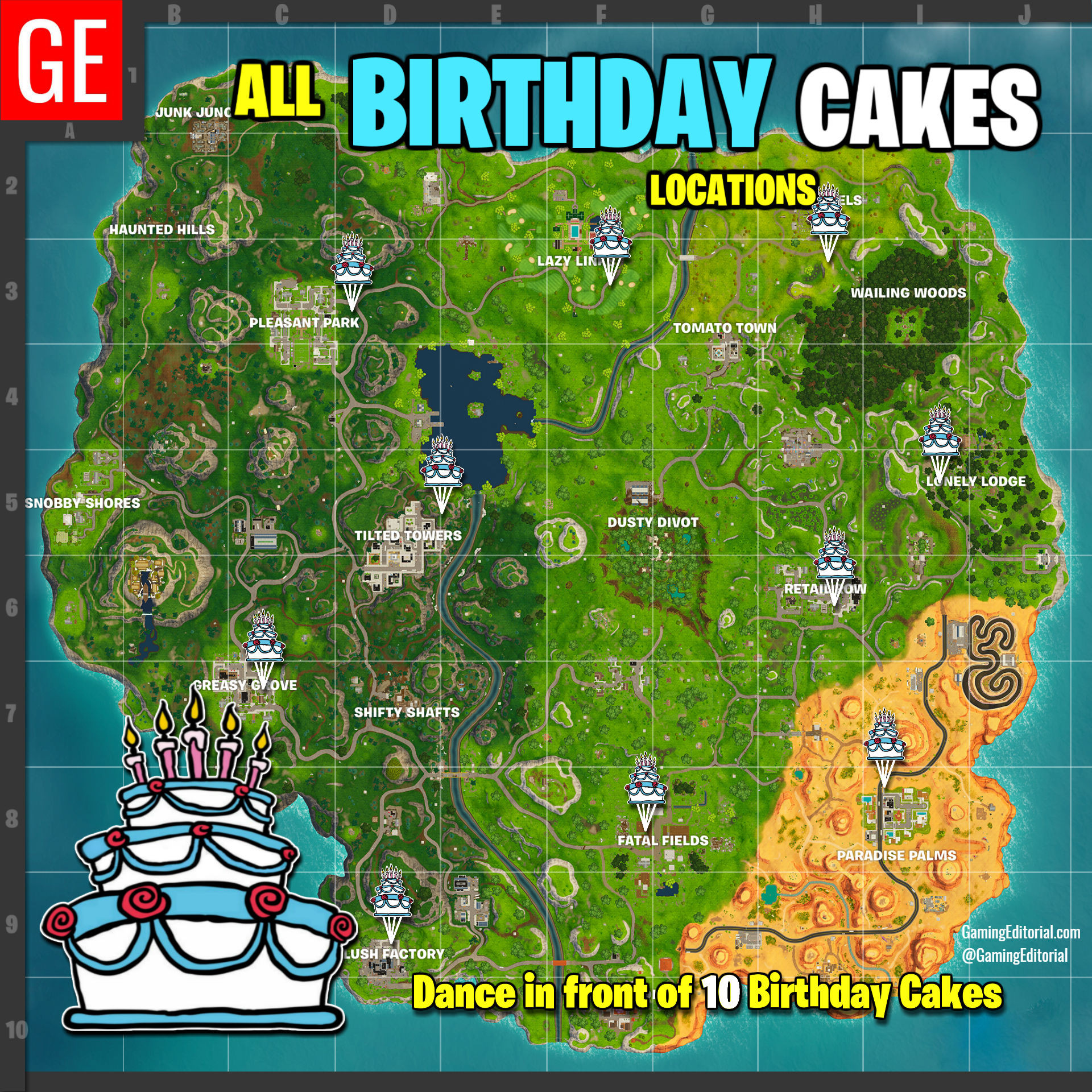 Birthday Cake Map Fortnite
 Fortnite All Locations Map Dance at Different Birthday