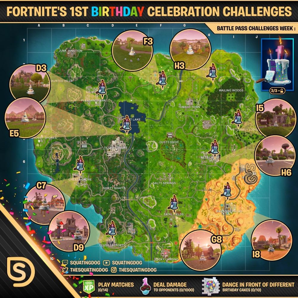 Birthday Cake Map Fortnite
 Fortnite All Birthday Cake locations Dance in front of