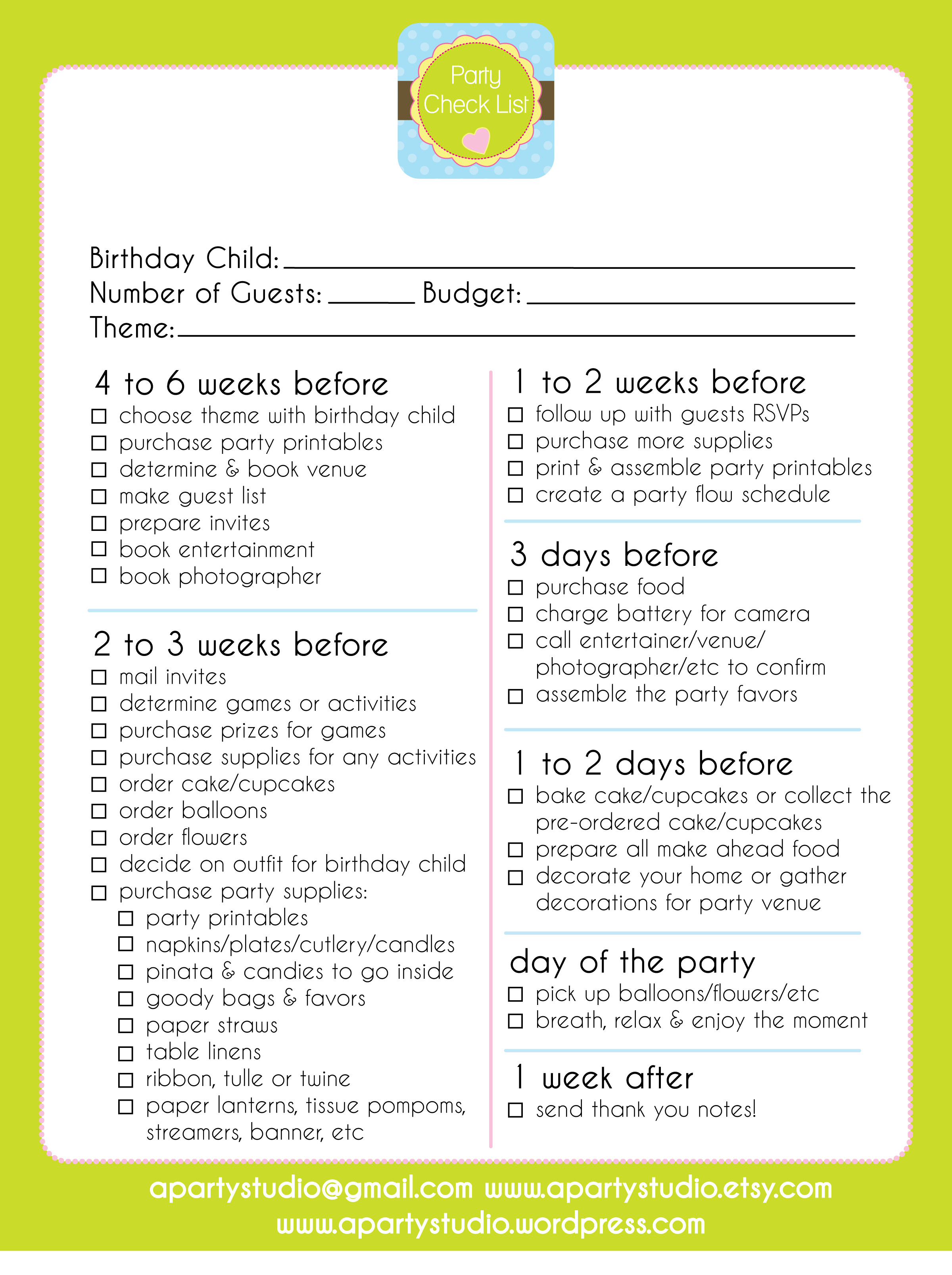Birthday Party Planning Checklist
 FREE Printable Party Checklist