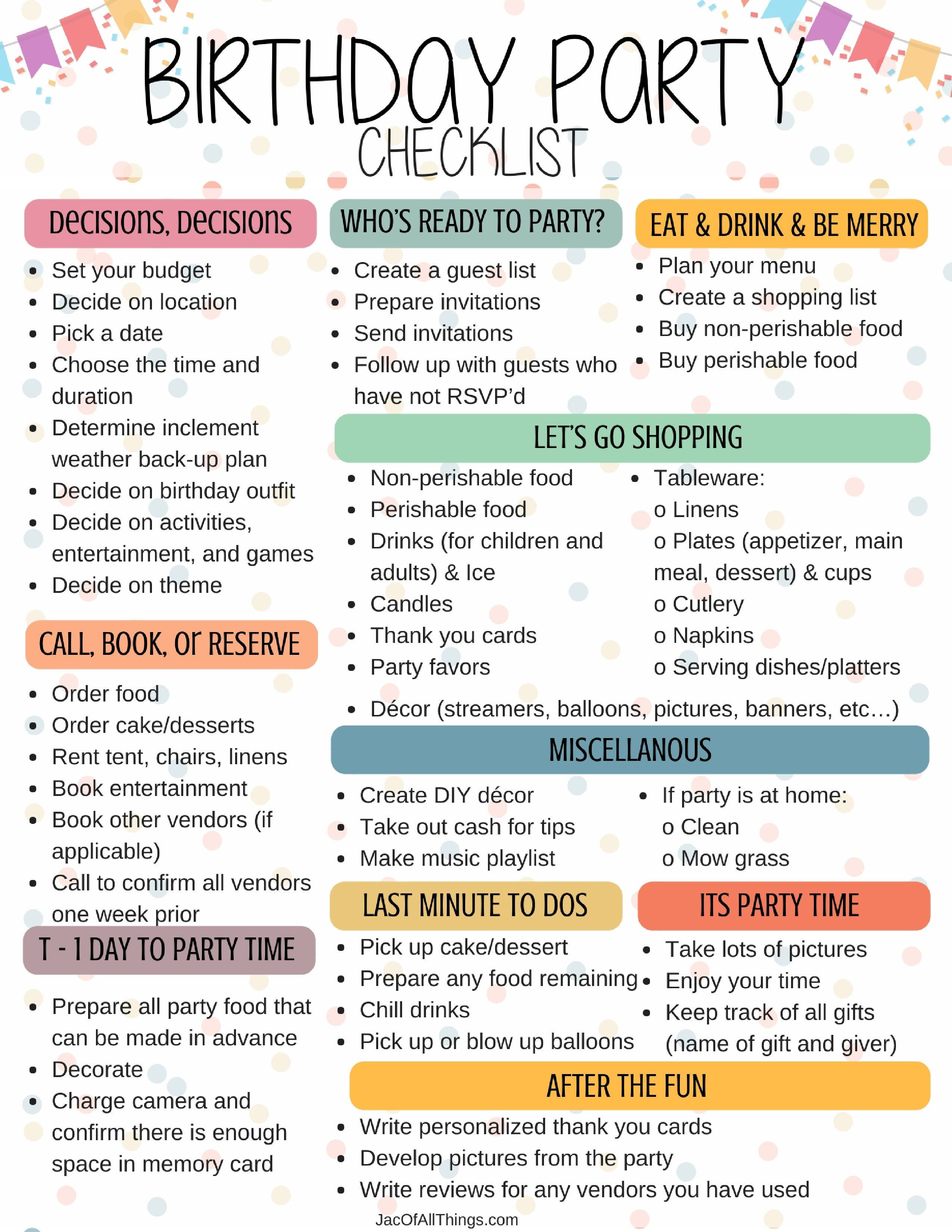 Birthday Party Planning Checklist
 Birthday Party Checklist