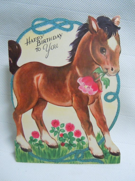Birthday Wishes With Horses
 Vintage Die Cut Horse Birthday Greeting Card 1940s Flocked