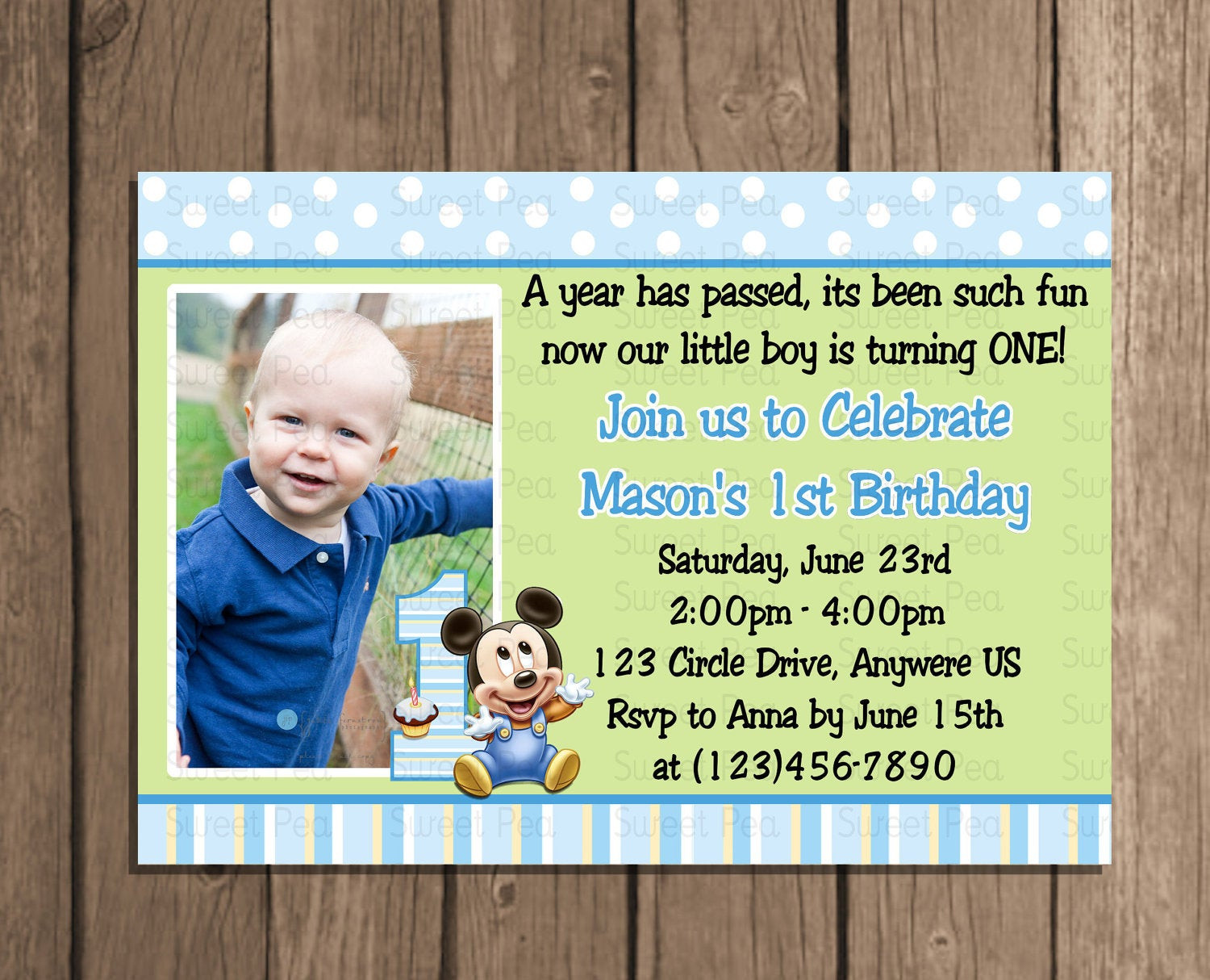 Boy 1St Birthday Invitations
 Baby Mickey Mouse boy 1st First Birthday by PeriwinklePapery