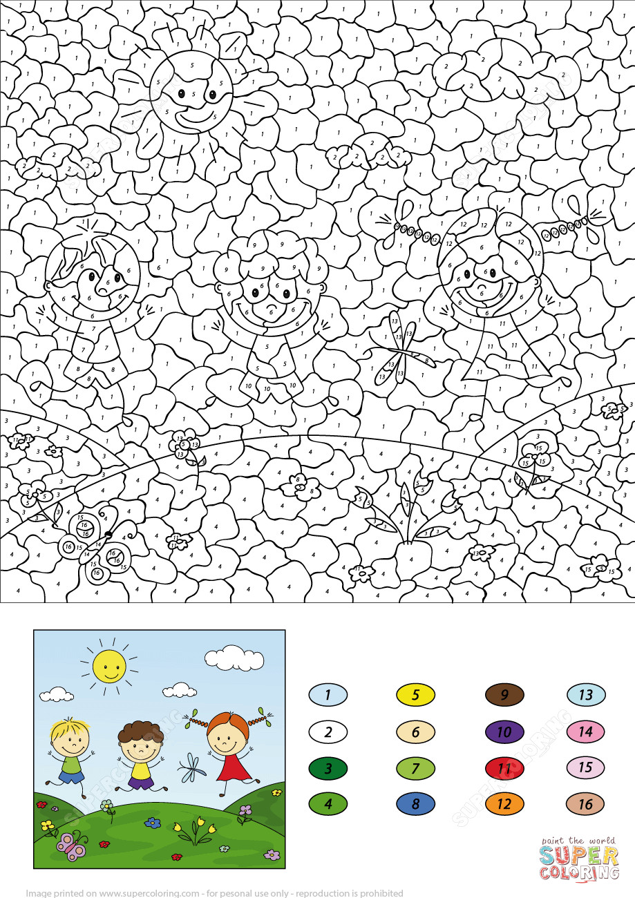 Boys Color By Number Coloring Pages
 Two Boys and a Girl Playing in the Meadow Color by Number