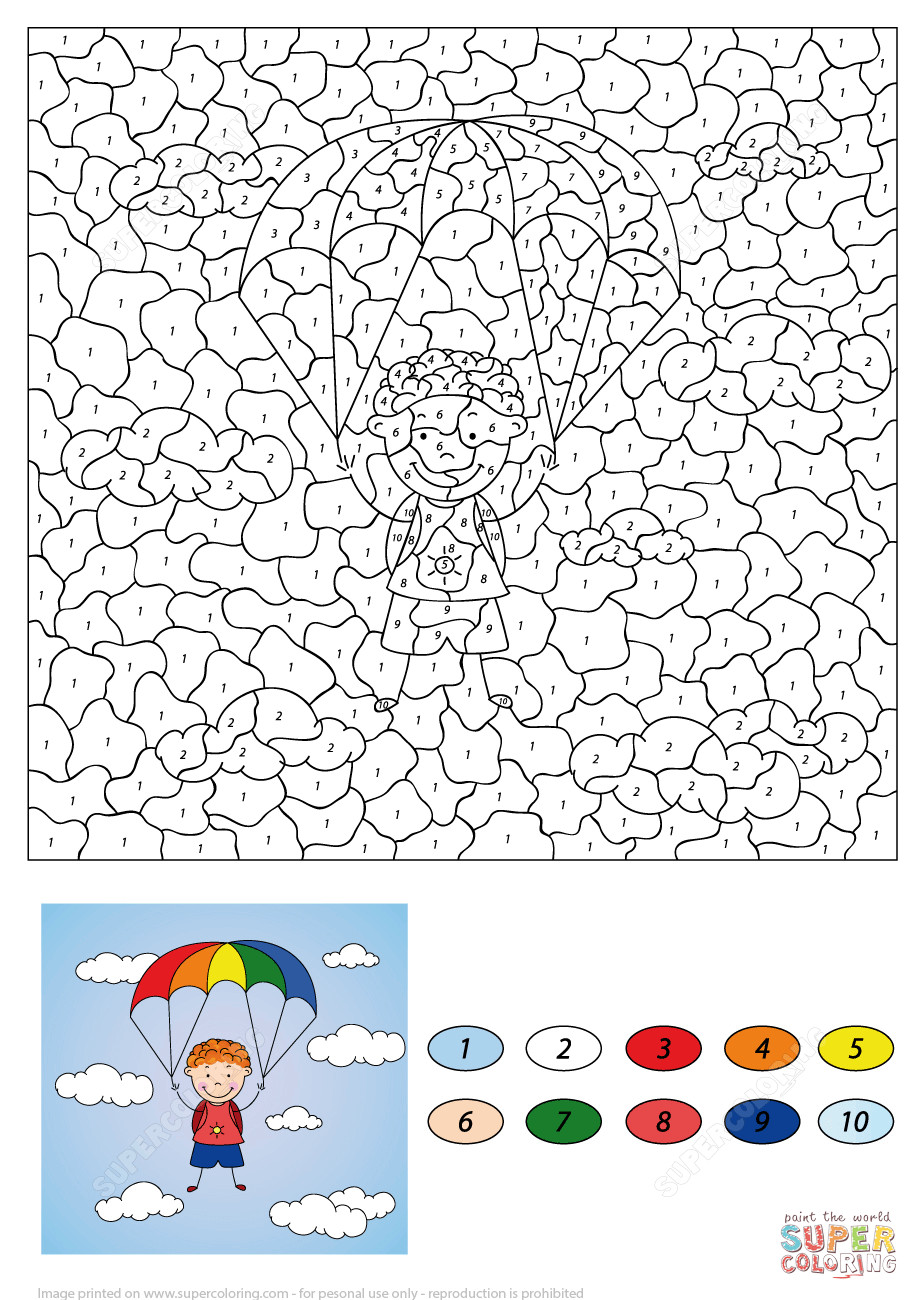 Boys Color By Number Coloring Pages
 Boy Descends on a Parachute Color by Number