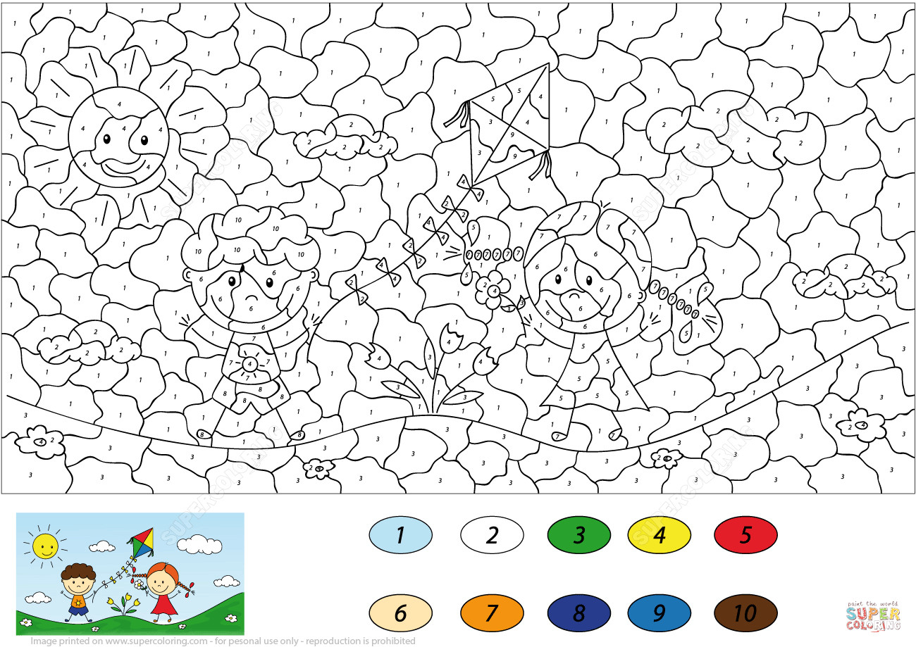 Boys Color By Number Coloring Pages
 Boy and a Girl Launching a Kite Color by Number