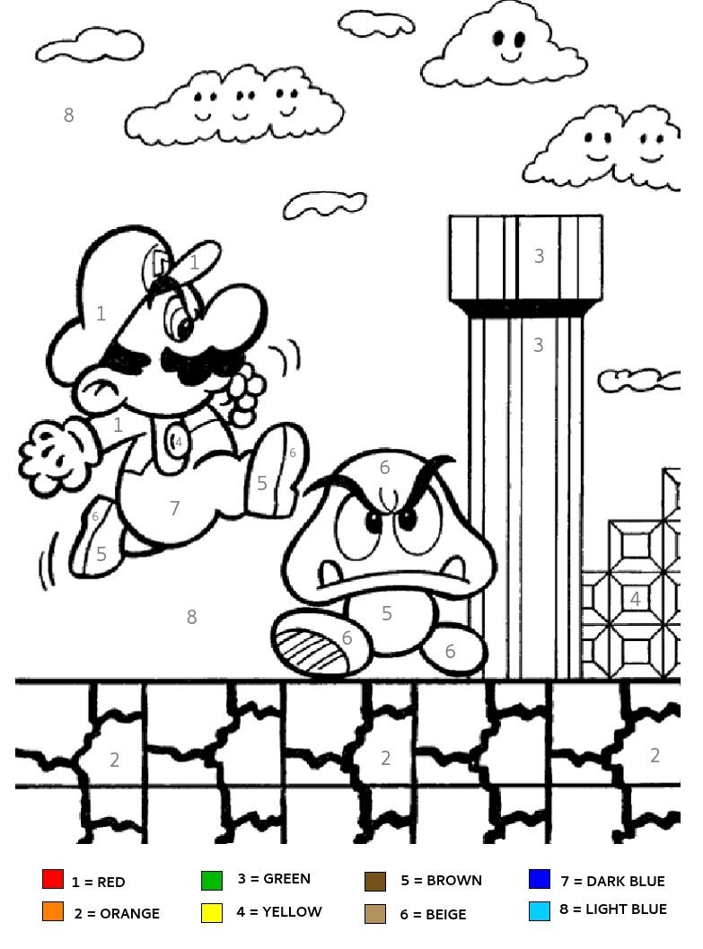 Boys Color By Number Coloring Pages
 Super Mario Brothers kids color by number coloring page