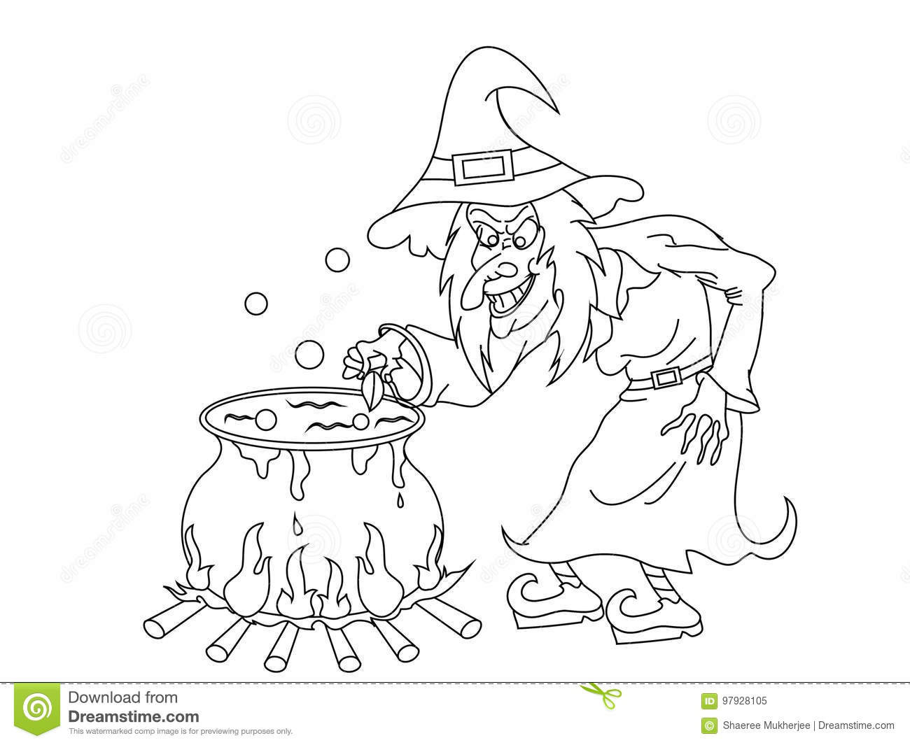 Boys From Witch Cartoon Coloring Pages
 Cartoon Halloween Witch With Cauldron Coloring Page Stock