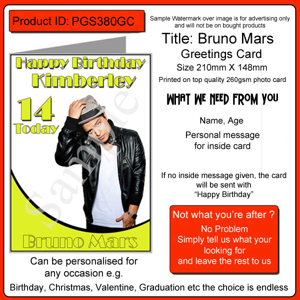 Bruno Mars Birthday Card
 Bruno Mars Birthday Card A5 Personalised PGS380GC