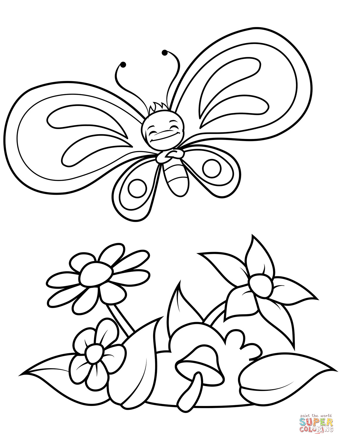 Butterfly Coloring Pages For Boys
 Funny Butterfly Boy Flies over Flowers and Mushroom