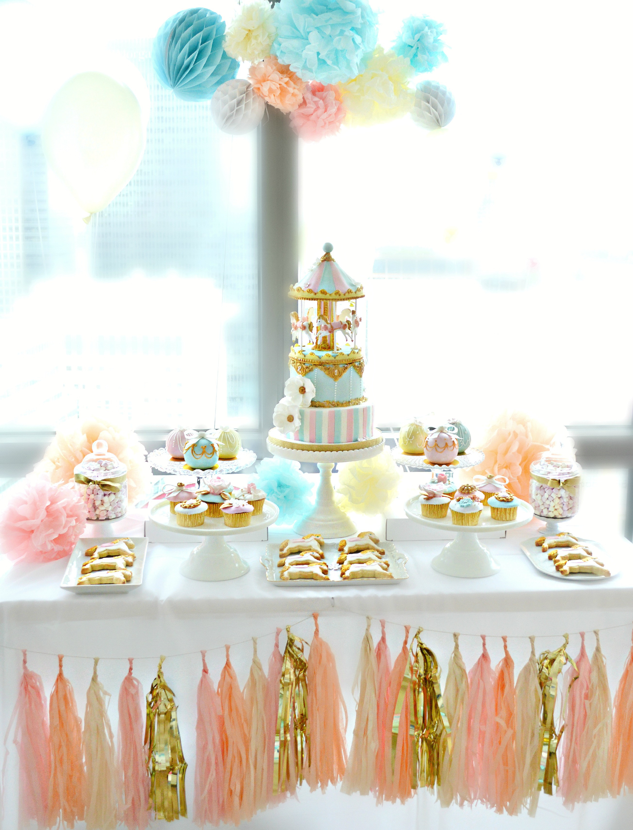 Cake Table Decorations For Birthday
 Pink Blue and Gold Carousel Cake Table First Birthday