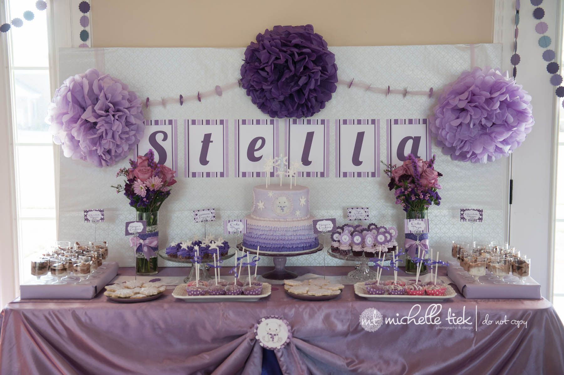 Cake Table Decorations For Birthday
 purple and white theme 1st birthday party