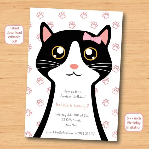 Cat Birthday Invitations
 cat kitty kitten birthday invitation SELF EDITABLE PDF 5