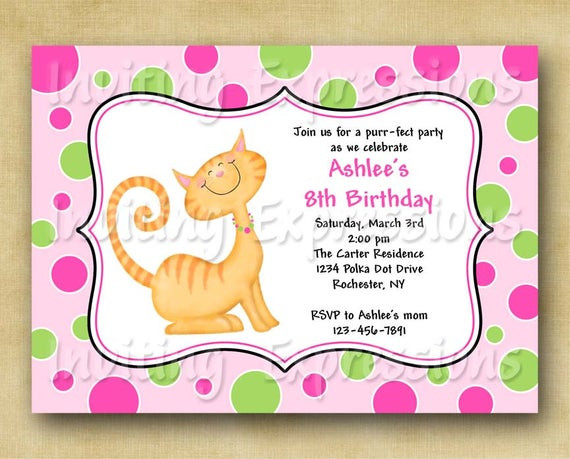 Cat Birthday Invitations
 Items similar to Kitty Cat Printable Invitation Girl