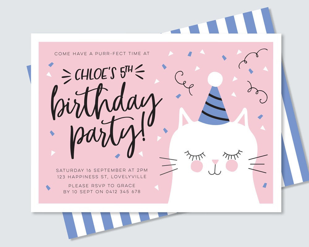 Cat Birthday Invitations
 Kitty cat birthday invitation in pink and blue purr fect cute