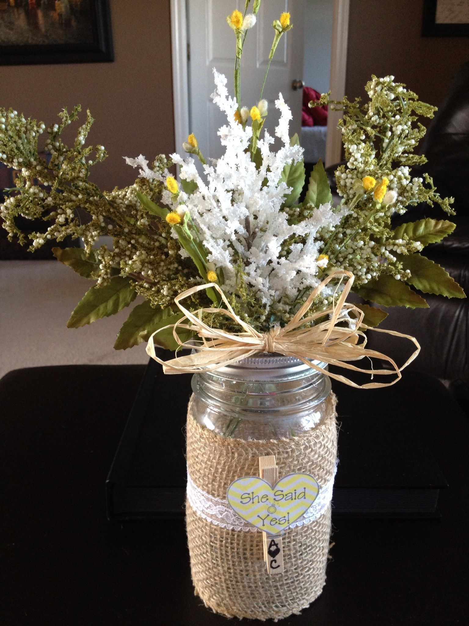 Centerpieces For Engagement Party Ideas
 Burlap Mason Jar Engagement Party Decor KeslerKreations