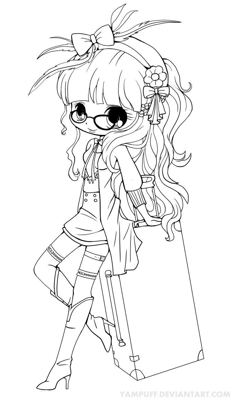 Chibi Coloring Pages Girl
 Suitcase Girl Lineart by YamPuff on deviantART