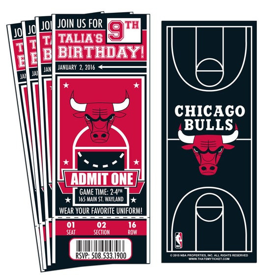 Chicago Bulls Birthday Party
 12 Chicago Bulls Custom Birthday Party Ticket Invitations