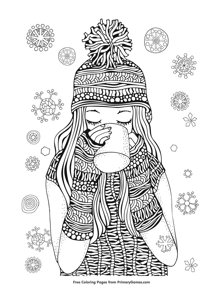 Christmas Girl Coloring Pages For Adults
 Winter Coloring Page Girl Drinking Hot Chocolate