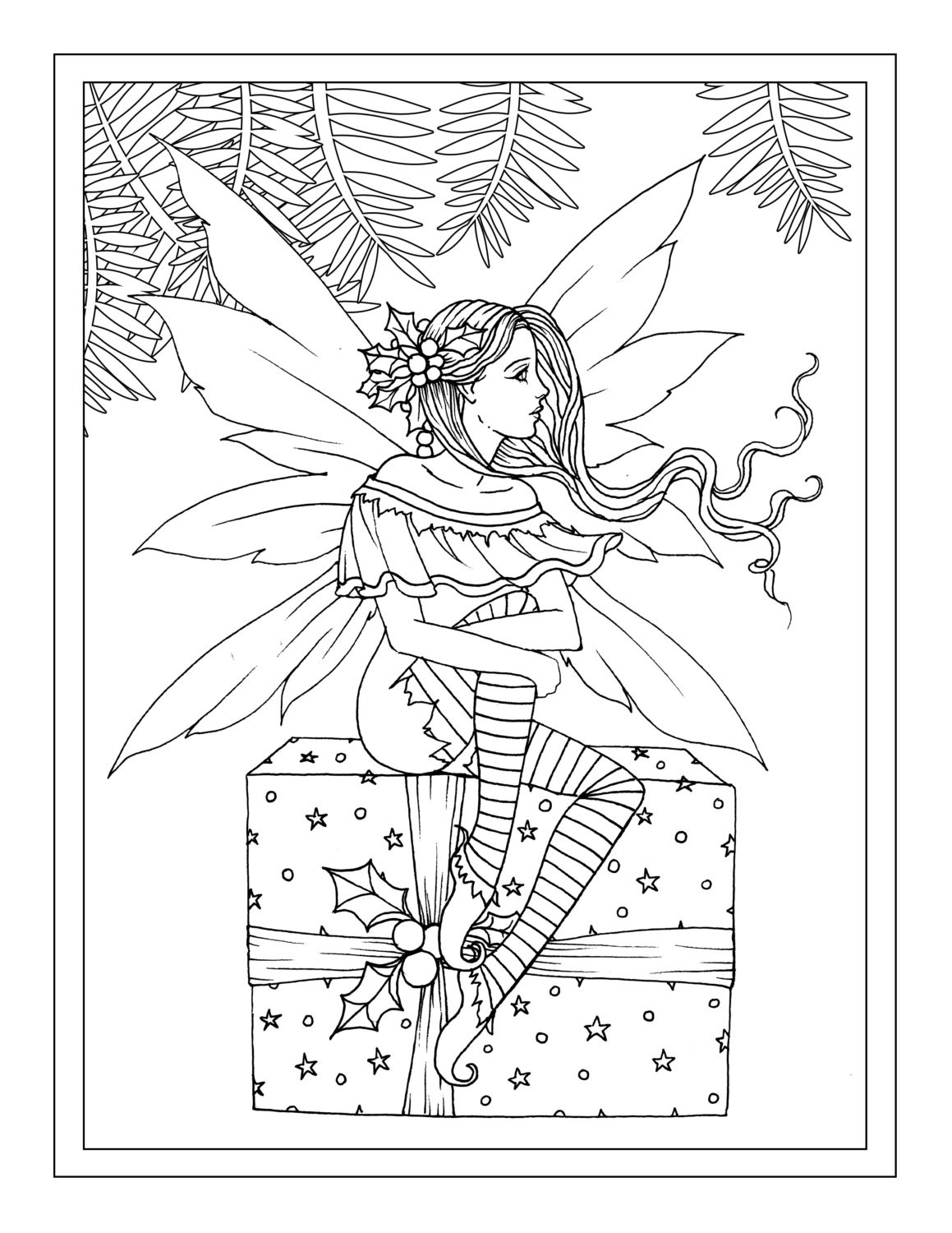 Christmas Girl Coloring Pages For Adults
 Christmas Fairy sitting on Gift Printable Instant