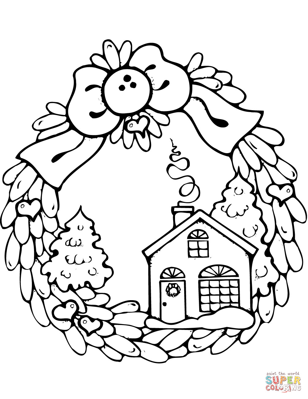 Christmas Wreath Coloring Pages
 Christmas Wreath with Gingerbread House coloring page