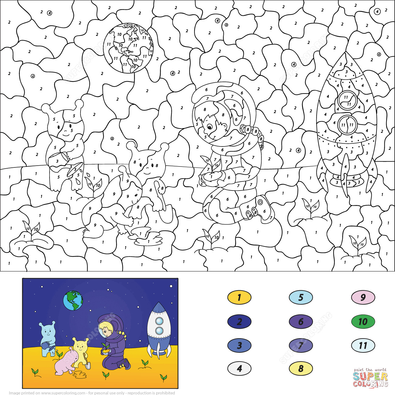 Coloring By Number Pages For Boys
 Astronaut Boy and Aliens Plant Herbs on the Moon Color by