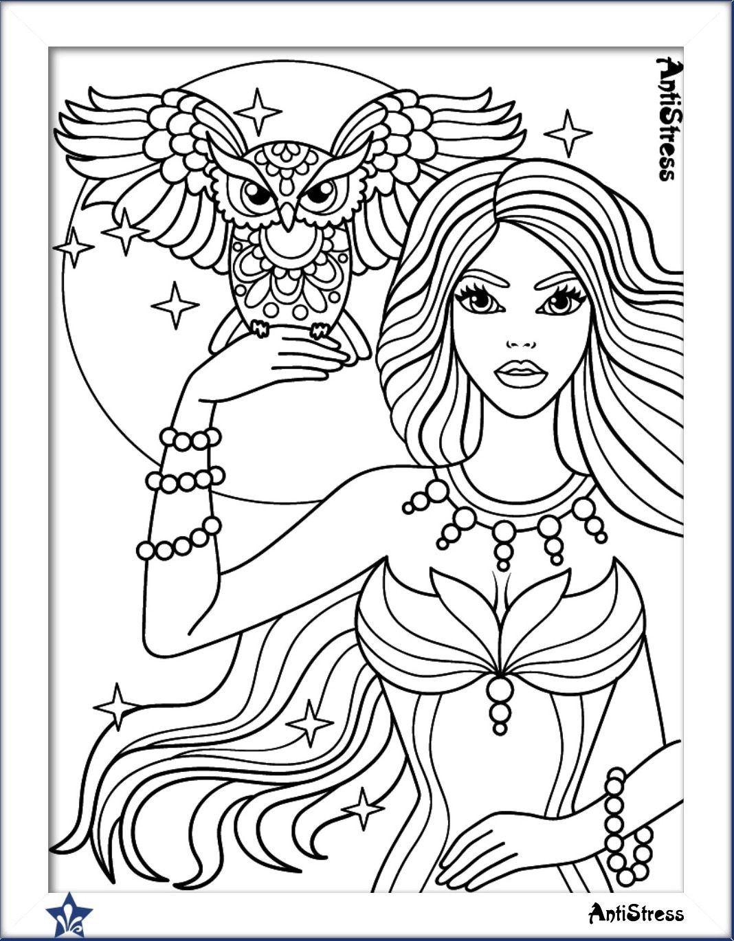 Coloring Pages Adults Girl
 Owl and girl coloring page