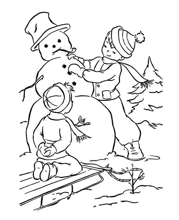 Coloring Pages For Boys Easy Wintewr
 Two Little Boy Making Mr Snowman on Winter Coloring Page