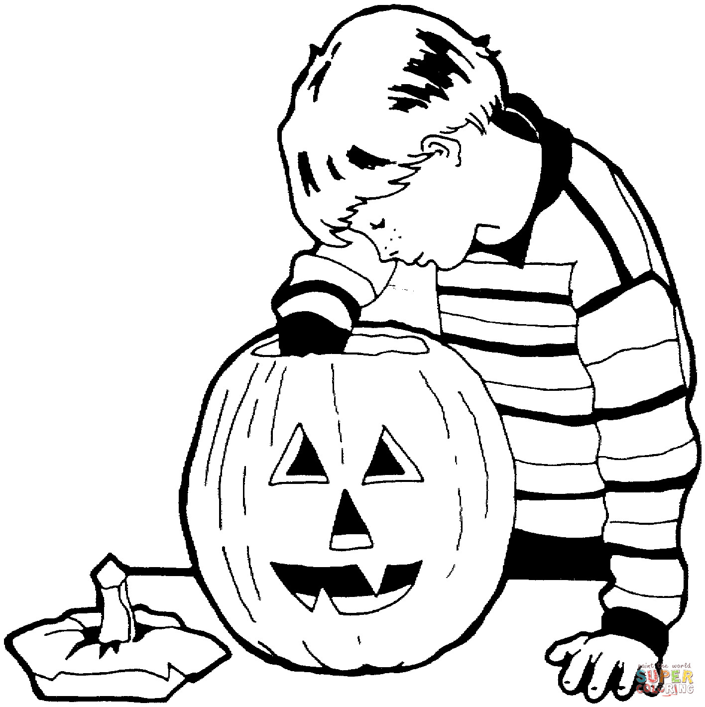 Coloring Pages For Boys Halloween
 Little boy is carving the pumpkin coloring page