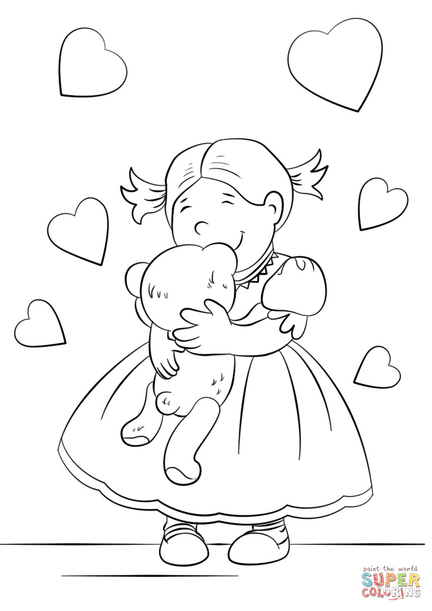 Coloring Pages For Boys Of Teddy
 Lovely Girl Hugging a Teddy Bear coloring page