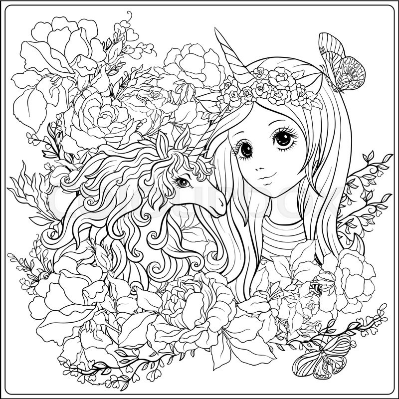 Coloring Pages For Girls Detailed
 Cute girl and unicorn in roses garden