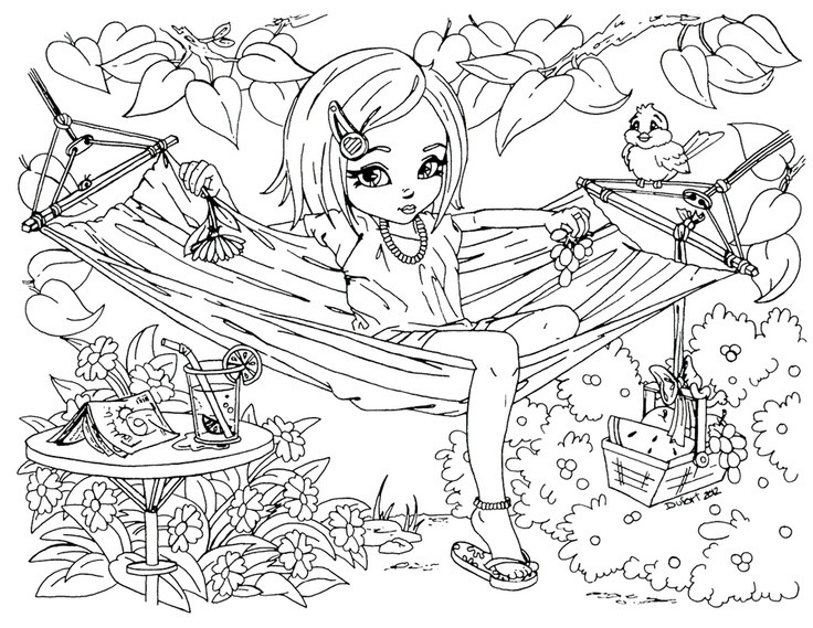 Coloring Pages For Girls Detailed
 Printable Summer time girl enjoy on hammock coloring pages