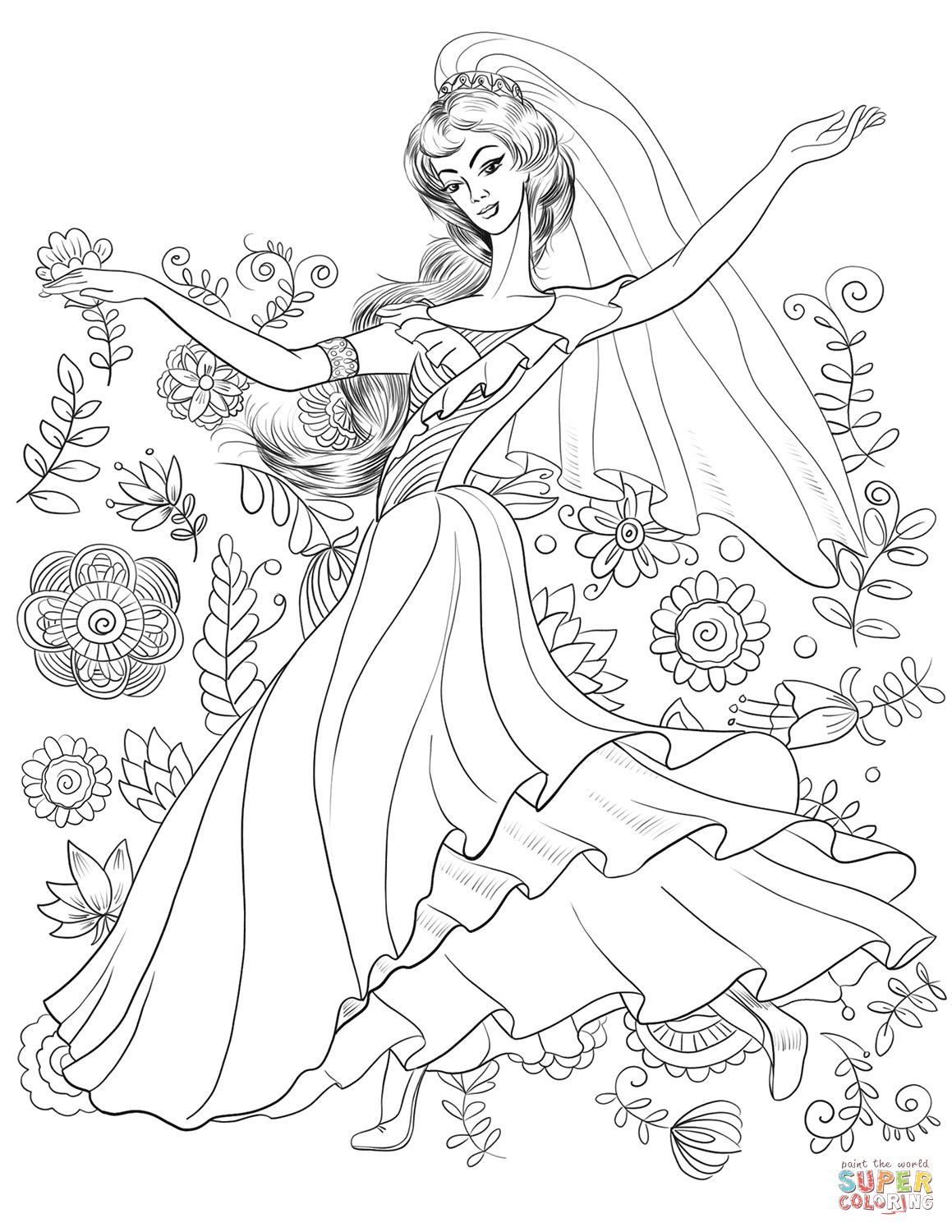 Coloring Pages For Girls Intermidiet
 Middle East Woman in Flowers coloring page
