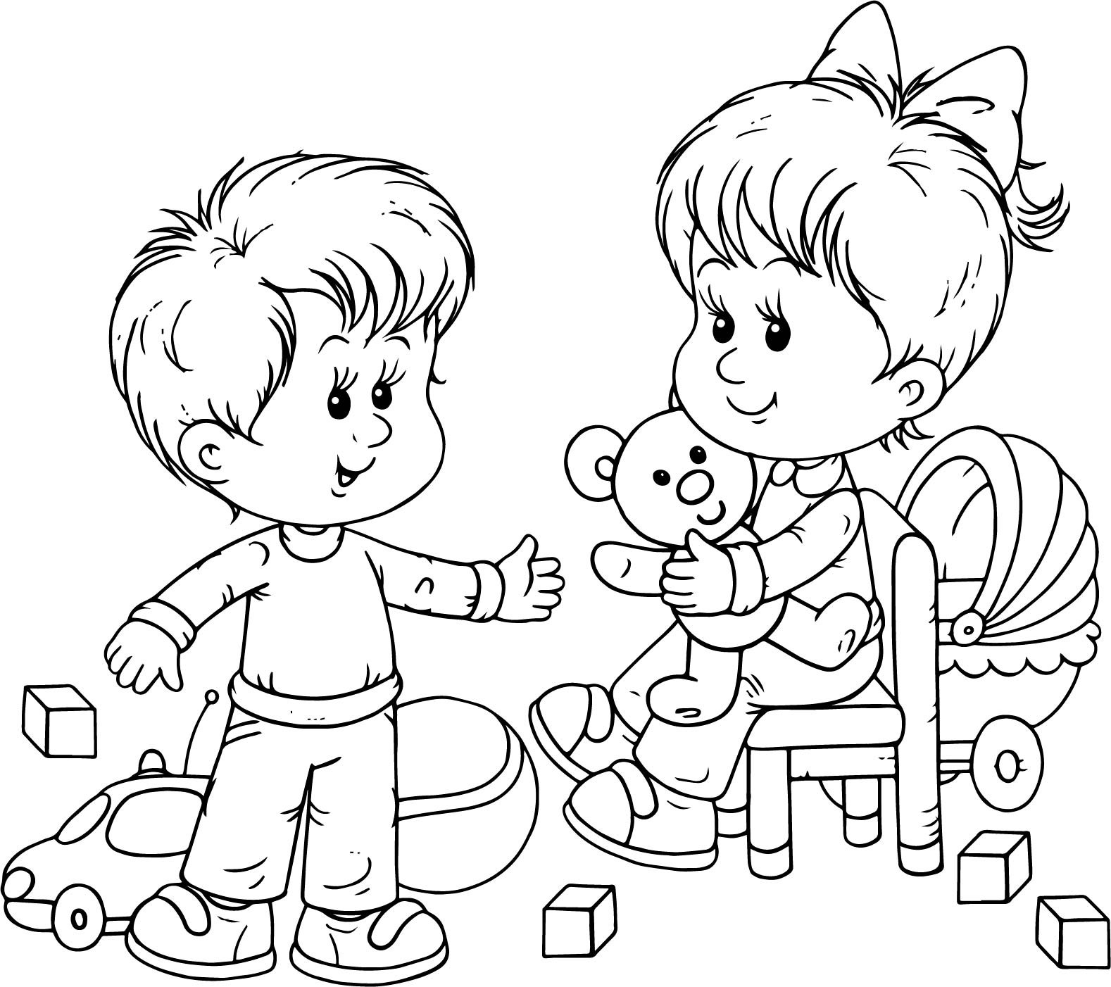 Coloring Pages Of Boys And Girls
 Preschool Boy And Girl Playing Toys Coloring Page