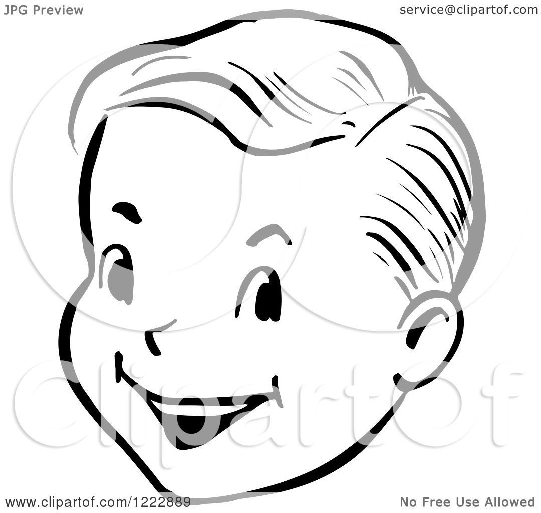 Coloring Pages Of Boys Faces
 Clipart of a Happy Retro Boy Face in Black and White