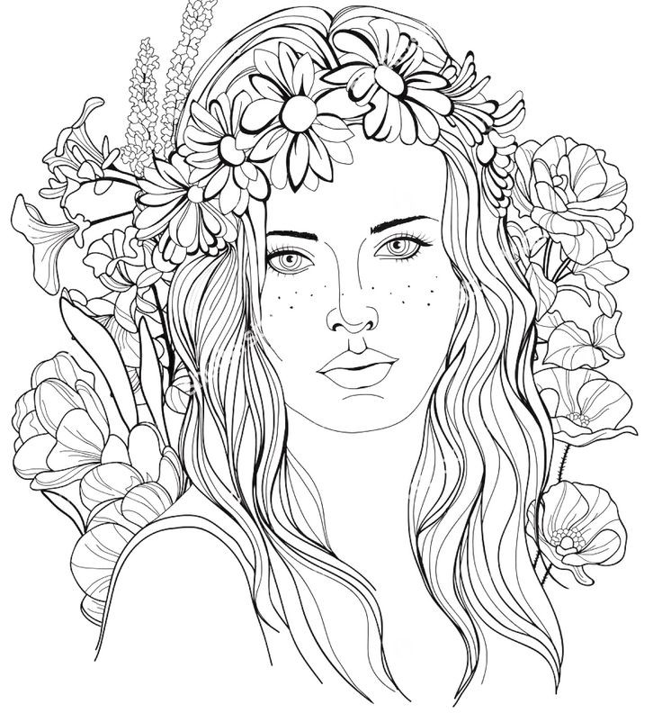 Coloring Pages Of Girls For Adults
 Image of a girl with a floral wreath in her hair coloring